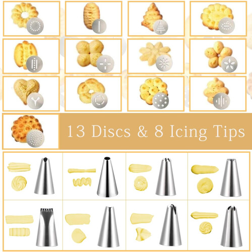 Stainless Steel Cookie Press Gun Kit with 8 Icing Tips, 13 Discs, EasySqueeze Handle for Baking 2