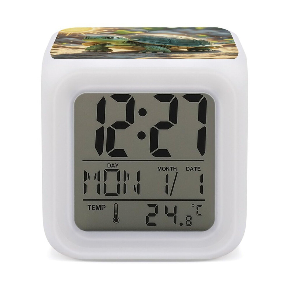 Led Alarm Clock With 7Color Glow, Large Lcd And Temperature, Cube Night For Kids Light