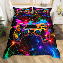 Gaming Bedding Set Twin Duvet Cover for Kids, Rainbow Neon Gamepad, Soft Microfiber, 2 Pcs