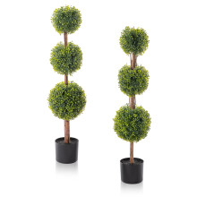 2 Pack Artificial Boxwood Tree Triple Ball UV Resistant Faux Topiary with Pot for Indoor Outdoor Decor