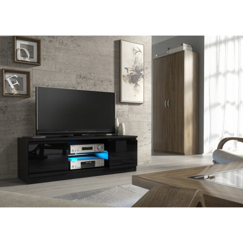 TV Unit 120cm Aura - Black with Gloss Doors and LED Lights 1