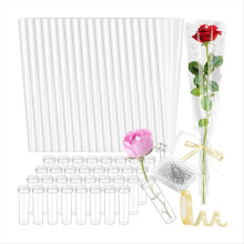 50 Pcs Single Rose Sleeve with Floral Water Tubes, Flower Water Tubes with Single Flower Sleeve, Diamond Pins and Ribbon