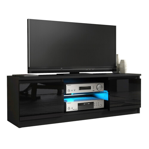 TV Unit 120cm Aura - Black with Gloss Doors and LED Lights 2