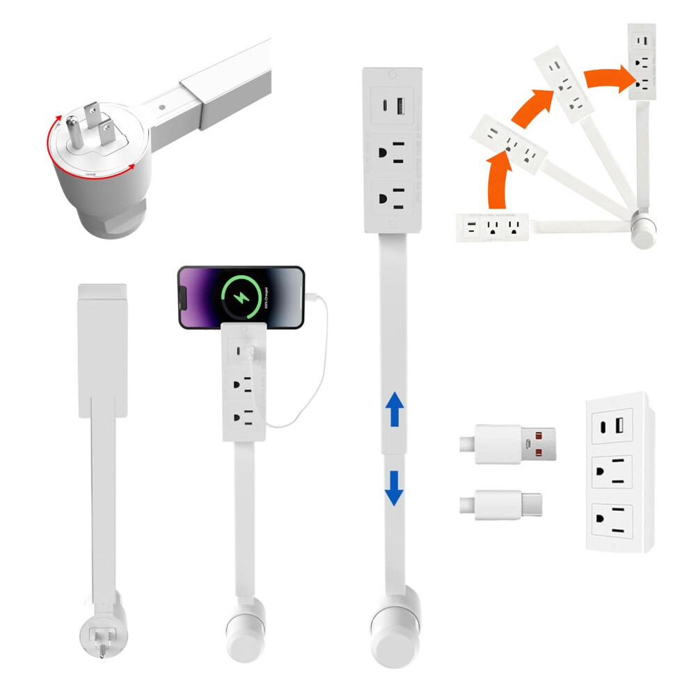 Power Strip With Usb Ports And Ac Outlets, Adjustable 1727In Rotating Outlet Extender With Phone Holder 9189345643934