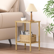 Bamboo Side Table with TwoTier Open Shelves, Small Bedside Nightstand for Narrow Spaces