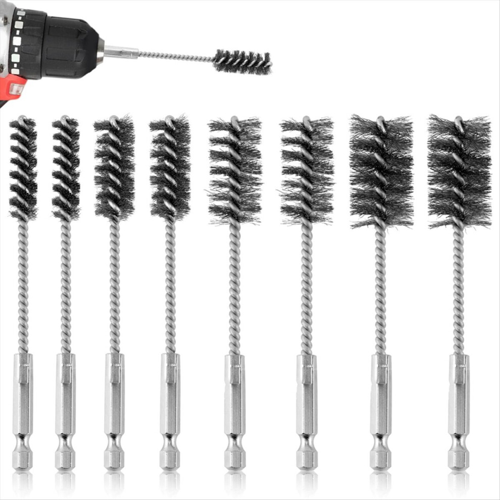 8Pcs Bore Brush, Stainless Steel Wire Brush Drill Attachments With 1/4 Inch Hex Shank Twisted Wire Cleaning Tools 4852840295414