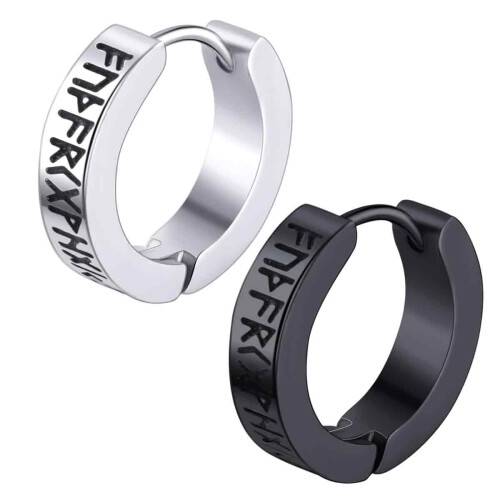 Σκουλαρίκια Huggie Hoop Stud, σκουλαρίκια Viking Runes σε στιλ πανκ γοτθικού στιλ, χαραγμένα 1