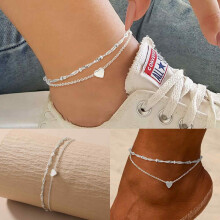Tobillera ajustable para mujer, tobillera con colgante de corazón y diseño de cuentas en capas, pulsera de tobillo impermeable de acero inoxidable,