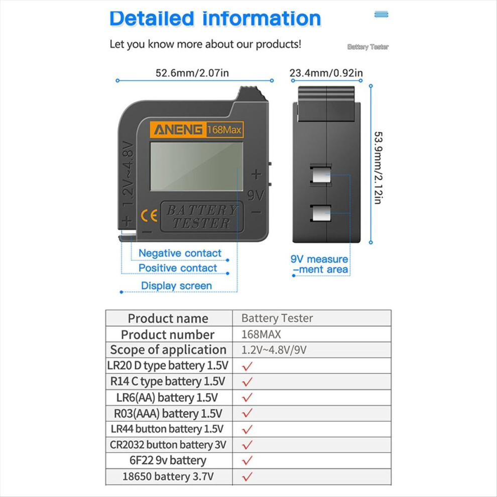 168Max Digital Lithium Battery Tester Capacity Test Checkered Load Analyzer Display Check Aaa Aa Button Cell 4852840215818
