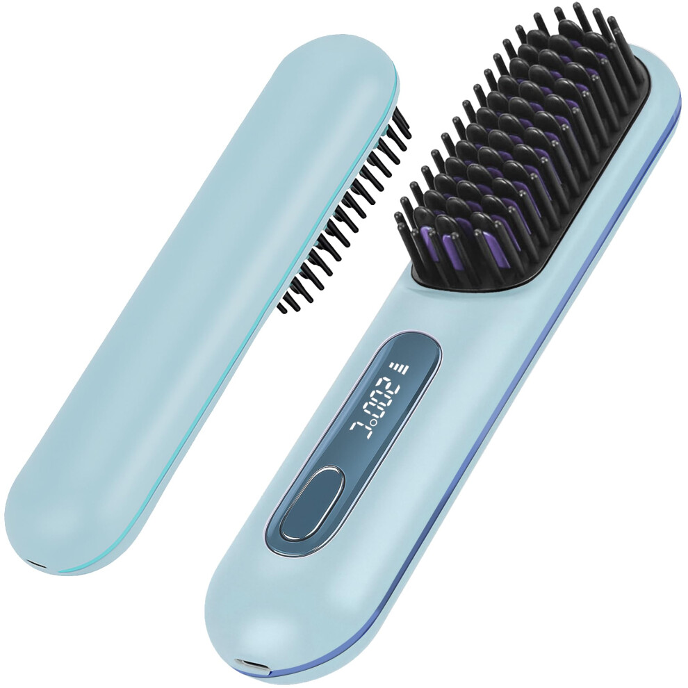 Cordless Hair Straightener Brush with USBâC Quick Charge, LCD Display, Fast Styling, Blue Travel Size