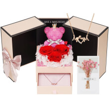 Preserved Rose Gift Set for Mom with Red Roses, Crown Moss Bear and Rose Gold Mom Necklace