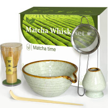 Matcha Tea Set with Bamboo Whisk, Ceramic Bowl, Scoop, Sifter and Whisk Holder for Tea Ceremony