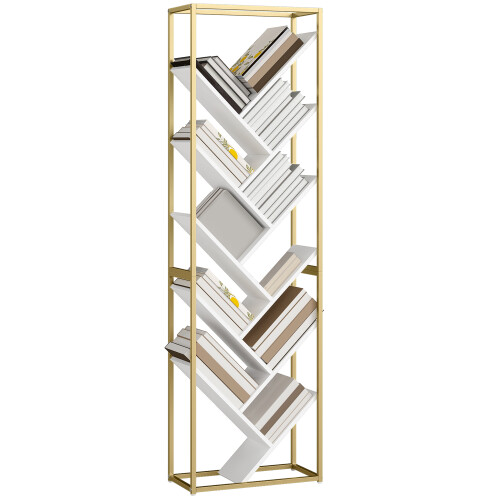 Homcom HOMCOM 10 Tier Tree Bookshelf Modern Tall Bookcase White Gold Tone 1