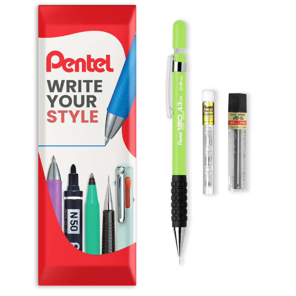 Pentel ( Green) 120 Mechanical Pencil With Refills, Erasers Light/Green