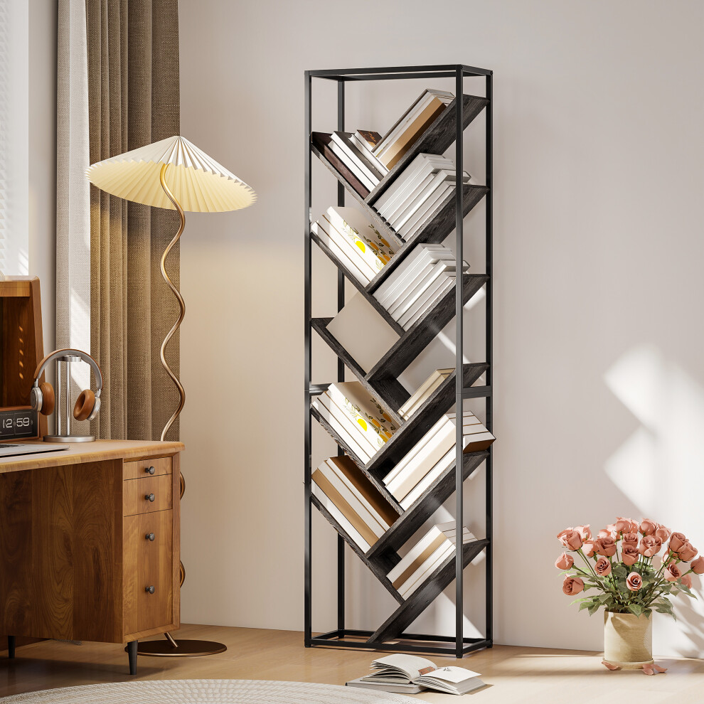 Homcom (Grey) 10 Tier Tree Bookshelf Industrial Tall Bookcase Grey