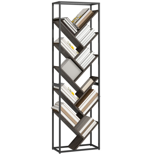 Homcom (Grey) HOMCOM 10 Tier Tree Bookshelf Industrial Tall Bookcase 1