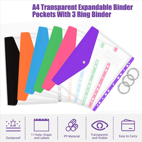 36 Pcs A4 Binder Pocket Expandable Envelopes Clear Plastic Envelopes for Ring Binder Folder, Snap Button 1