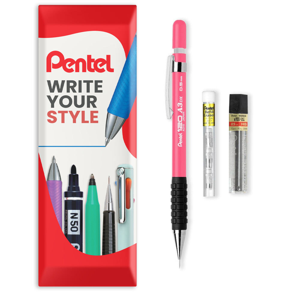 Pentel (Pink) 120 Mechanical Pencil With Refills, Erasers Pink
