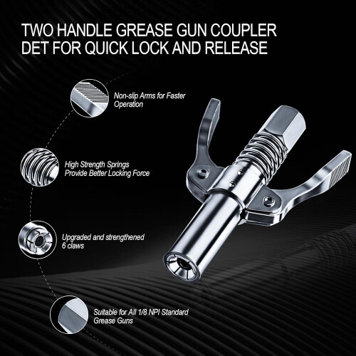 2PCS Locking Grease Gun Coupler with Dual Handle, Quick Release Heavy Duty Fitting for All Grease Guns 2