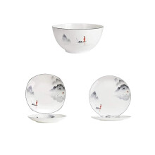 Porcelain Dinnerware Set 14 Piece Black and White Plates Bowls Chinese Style Ink Painting Design