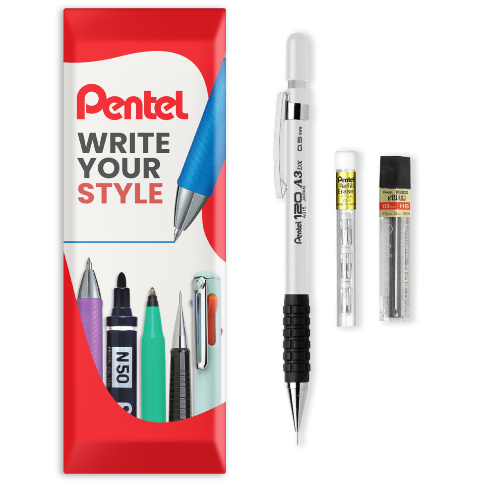 Pentel (White) 120 Mechanical Pencil With Refills, Erasers White