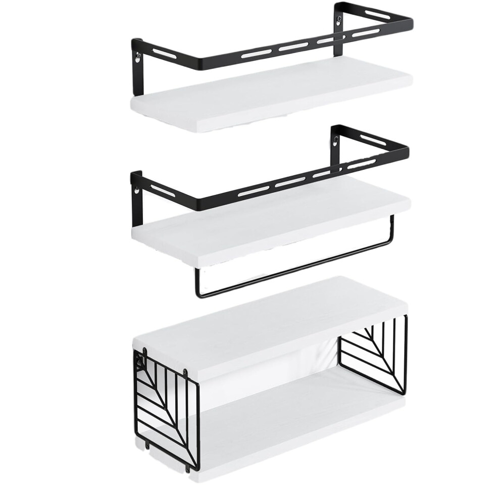 Bathroom Over Toilet Shelf With Towel Bar, Rustic Wood Floating Shelves With Metal Frame, White 9001264064167