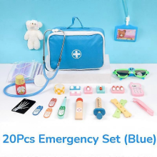 Emergency Blue 20Pcs Medical Pretend Play Kit, Doctor Dentist Toy Set for Kids Girls Boys, Wooden Medicine Box