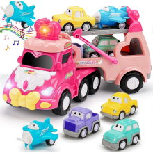 Camion porte-voitures rose princesse 5 en 1 avec lumières et musique, cadeau pour filles et garçons 3 ans et plus