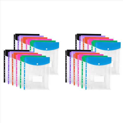 24Pack Plastic Envelopes, Binder Pockets for 3/4/11 Ring Binder,Expandable Document Organizer with Snap Button and Label
