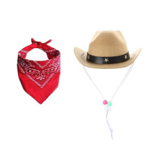 Dog Cowboy Costume Hat Bandanas Set Dogs Adjust Caps-Khaki