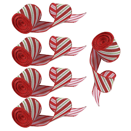 5 Rolls Glittering Polyester Ribbons-Red  green and white