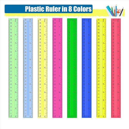 Conjunto de 64 réguas plásticas transparentes de 12 polegadas, em cores sortidas, com medidas em polegadas, centímetros e milímetros. 2