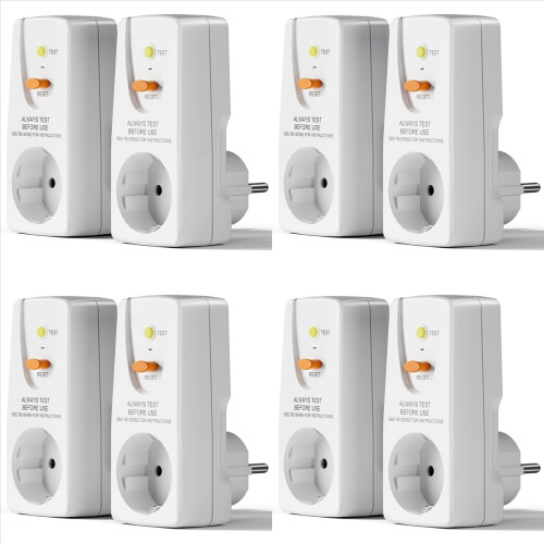 8er-Pack 16A FI-Schutzschalter-Stecker (Fehlerstromschutzschalter) mit Fehlerstromschutzschalter und EU-Stecker