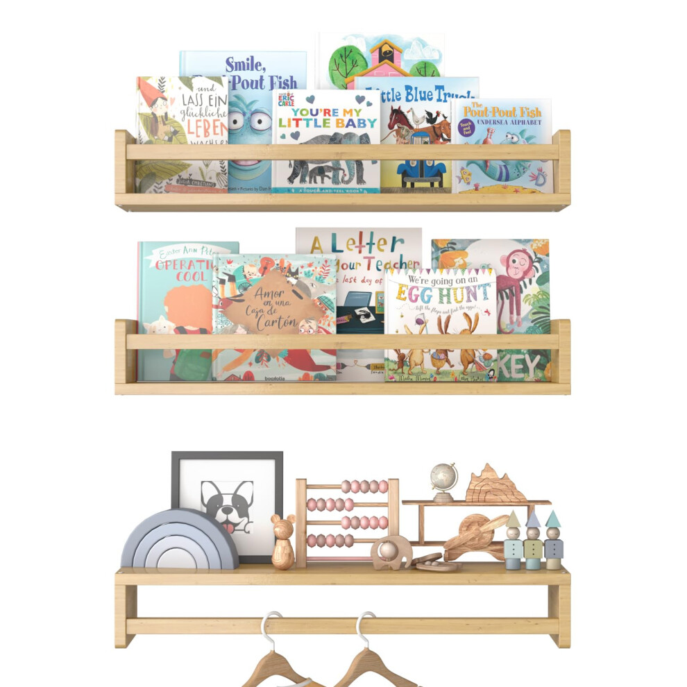 Floating Shelves Solid Wood 15.7in Set of 3 Wall Mounted Bookshelves for Nursery and Kids Room Decor