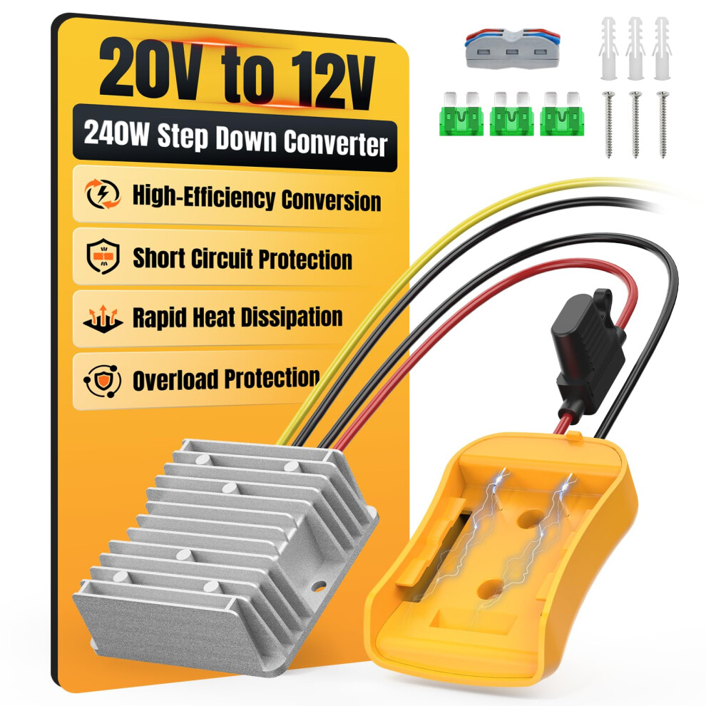 20V To 12V Converter For Dewalt 20A 240W With 30A Fuse For Car Accessories And Safety Protection Yellow 9426802896923