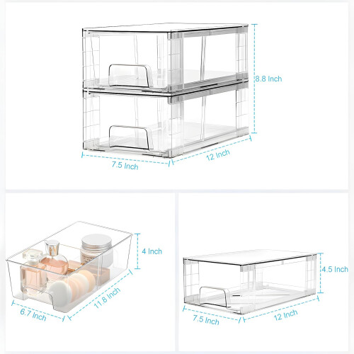 2 Pack Clear Plastic Storage Drawers with Handles, Stackable Bins with Removable Dividers for Kitchen, Pantry and Under Sink 1