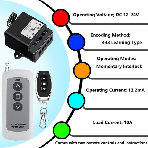 4X DC12V-24V Forward Reverse Switch, Linear Actuator Remote Control, 10A Current, 165 Ft Range , with Remote 1