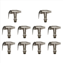 Conjunto de 10 torneiras de reposição para dispensador de bebidas, em aço inoxidável com acabamento polido.