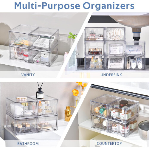 6 Pack Stackable Plastic Storage Drawers, Clear Acrylic Organizer for Kitchen, Bathroom and Makeup 2