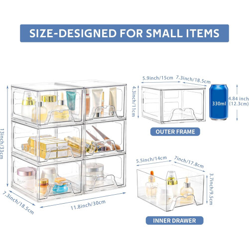 6 Pack Stackable Plastic Storage Drawers, Clear Acrylic Organizer for Kitchen, Bathroom and Makeup 1