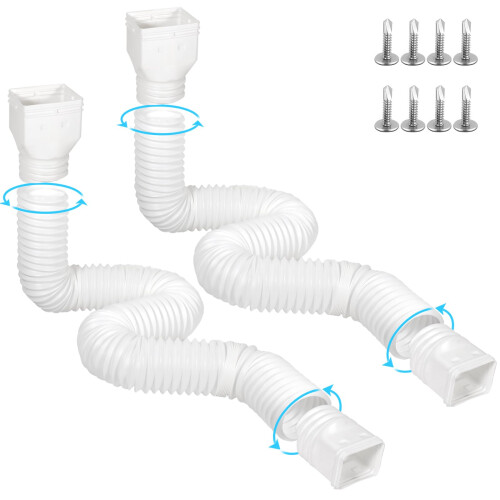 Gutter Downspout Extender 11.5ft Adjustable Flexible Extension 2 Pack Universal Fit Rainwater Drainage White