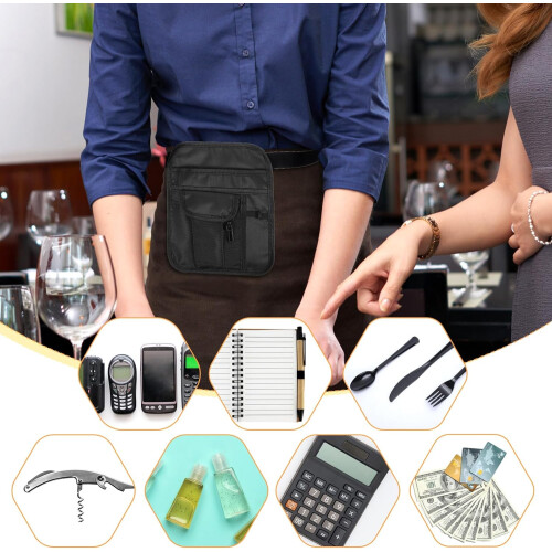 Server Apron with Adjustable Buckle Strap, Waterproof Canvas Waitress Waist Pouch with Multiple Pockets 2
