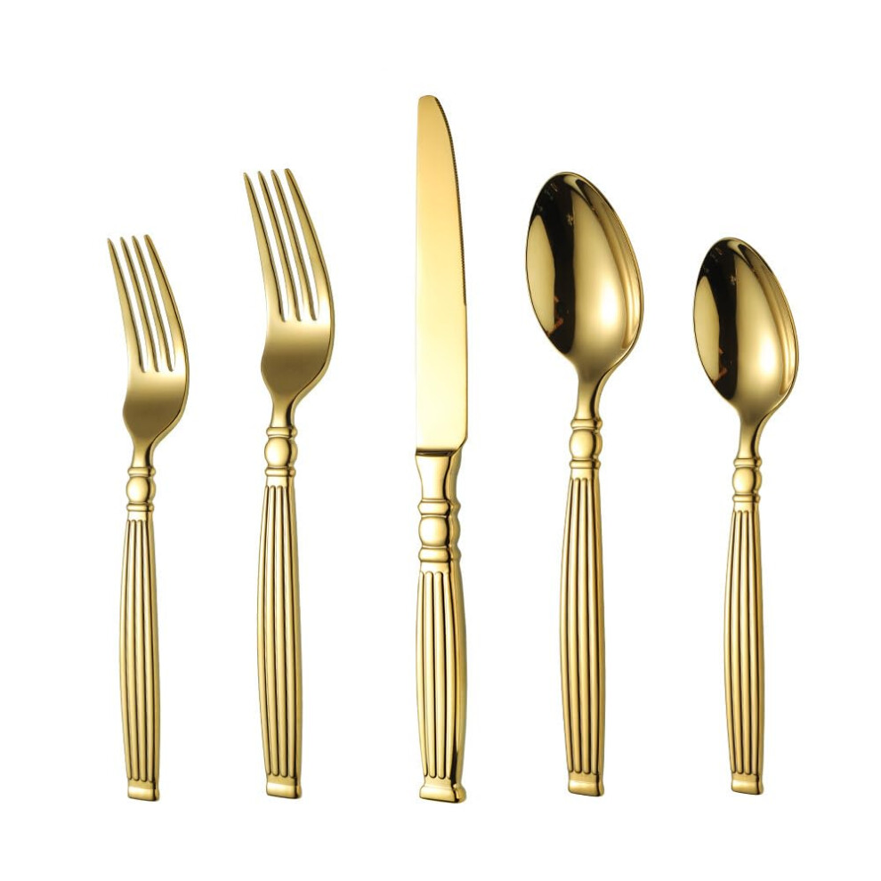5Piece Flatware Set Hammered Stainless Steel Cutlery, Mirror Polished, Dishwasher Safe Gold