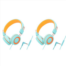 2x Kinderhoofdtelefoons, bedraad, kleurrijk, laptop, tablet, telefoon, voor online leren, koptelefoons, oranje en groen