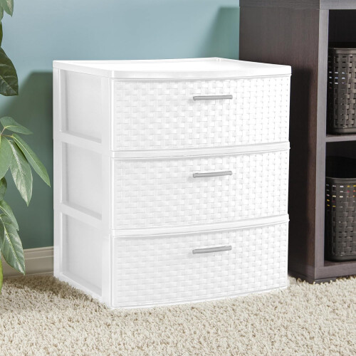 White 3 Drawer Plastic Storage Tower with Textured Wideweave Finish for Small Space Organization 2