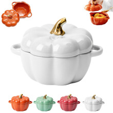Pumpkin Soup Bowls Ceramic Ramekins with Lids Oven Safe Stoneware with Handles 15oz White