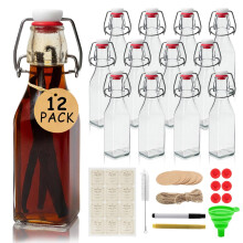 Square Swing Glass Bottles with Lids 8.5oz 12 Pack Airtight for Kombucha Syrup and Beer