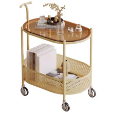Bar Cart with Wheels, 2Tier Glass Serving Trolley with Locking Casters and THandle, Yellow
