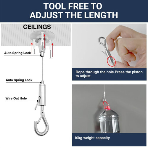 8 Pack 6ft Ceiling Sign Hanger Wire Kit, 2m Adjustable Suspension Hanging Cable Wire with Hook Wall Mount Cable 2