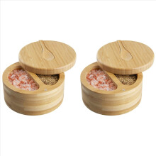 2X Seasoning Box with Swivel Lid Bamboo Salt Cellar with Lid and Spoon, 2-Compartment Salt Pepper Bowls,Dual 6 Oz